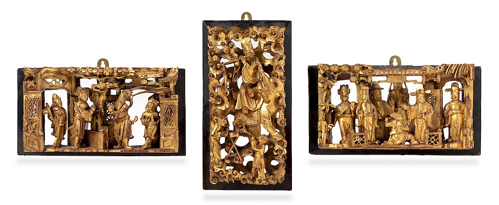 Appraisal: Three Chinese Gilt Lacquered Wood Panels Three Chinese Gilt Lacquered