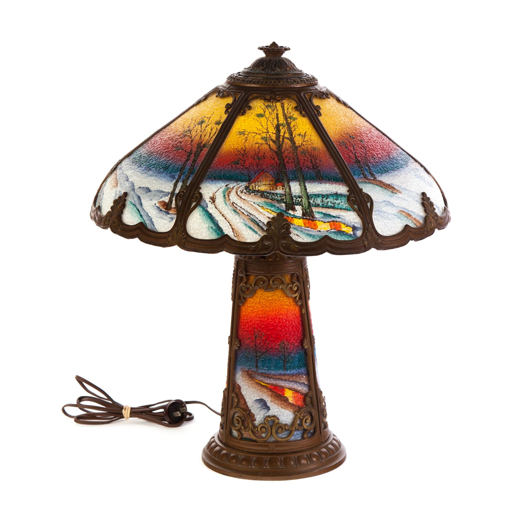 Appraisal: REVERSE PAINTED TABLE LAMP American st quarter- th century Wintery