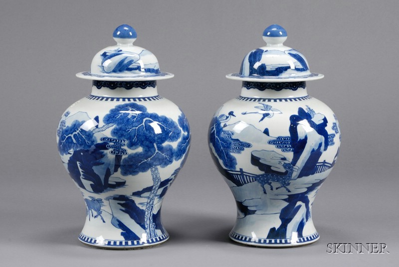 Appraisal: Pair of Blue and White Porcelain Jars and Covers China