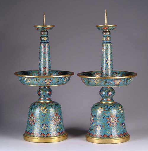 Appraisal: FINE PAIR OF EARLY TH TH CENTURY SIGNED PRICKET CLOISONN