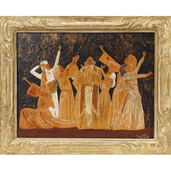 Appraisal: encaustic painting on board depicting a dramatic classical theater performance