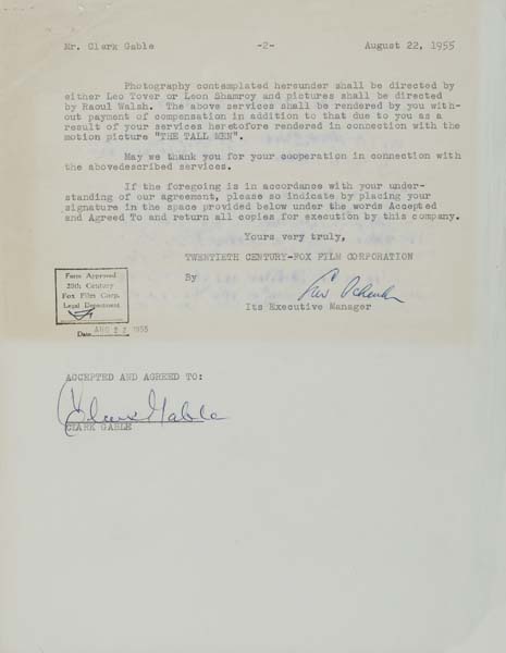 Appraisal: CLARK GABLE Typed letter signed by Gable agreeing to publicity