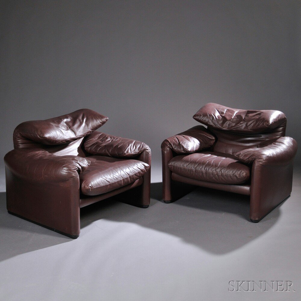 Appraisal: Two Vico Magistretti Maralunga Chairs Leather Manufactured by Cassina Brown