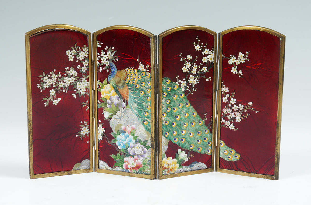 Appraisal: JAPANESE PANEL CLOISONNE TABLE SCREEN Cloisonne over brass featuring a