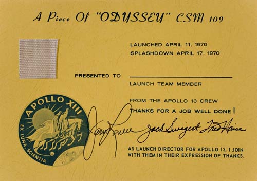 Appraisal: FLOWN Apollo XIII Odyssey Armalon fabric An approximately -inch square