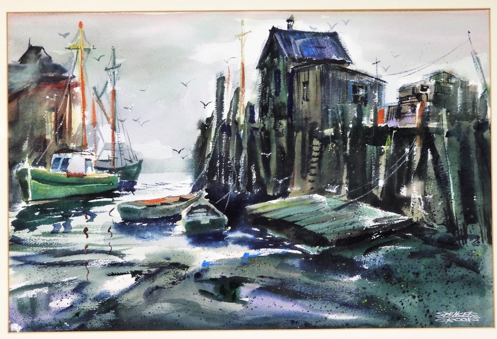 Appraisal: SPENCER CROOKS NEW ENGLAND HARBOR DOCK PAINTING Rhode Island -