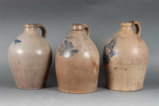 Appraisal: Three American salt glazed cobalt decorated stoneware jugs mid- th