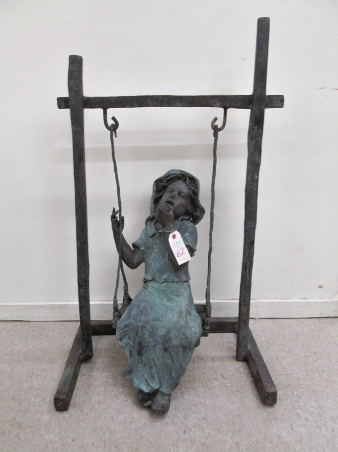 Appraisal: FIGURAL BRONZE GARDEN SCULPTURE young girl on swing anonymous artist