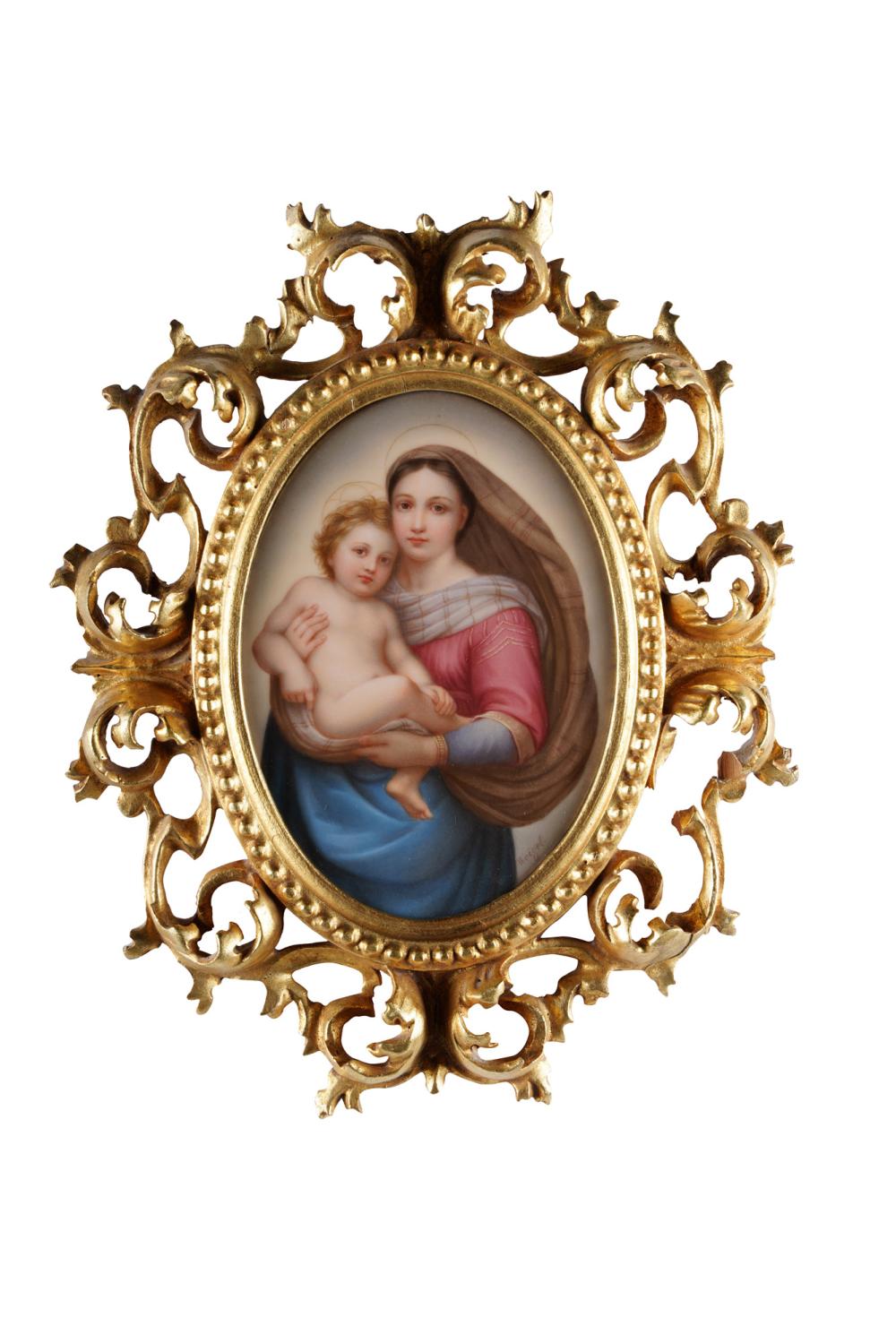 Appraisal: PLAQUE OF MADONNA CHILDporcelain signed 'Weigel' on an ornate gilt