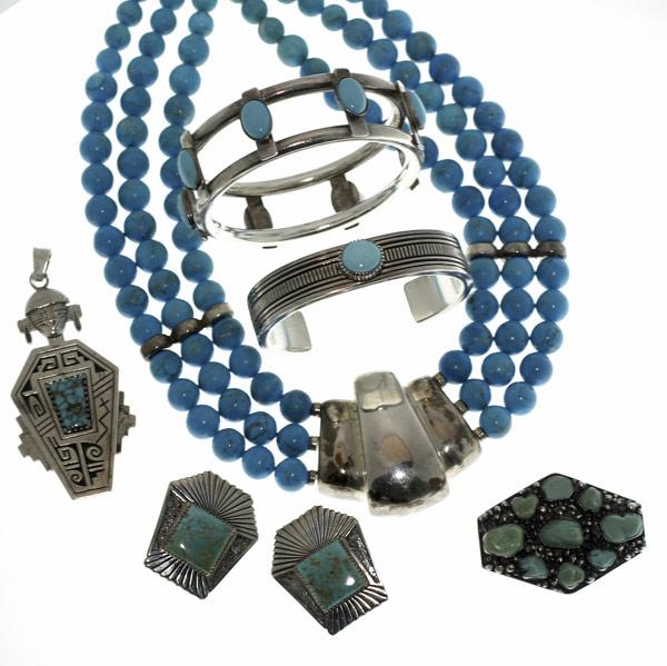 Appraisal: SILVER AND TURQUOISE JEWELRY Seven piece assembled suite of Navajo