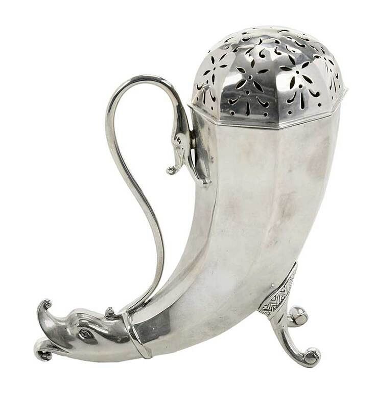 Appraisal: English Silver Horn Form Sugar Caster Birmingham paneled horn form