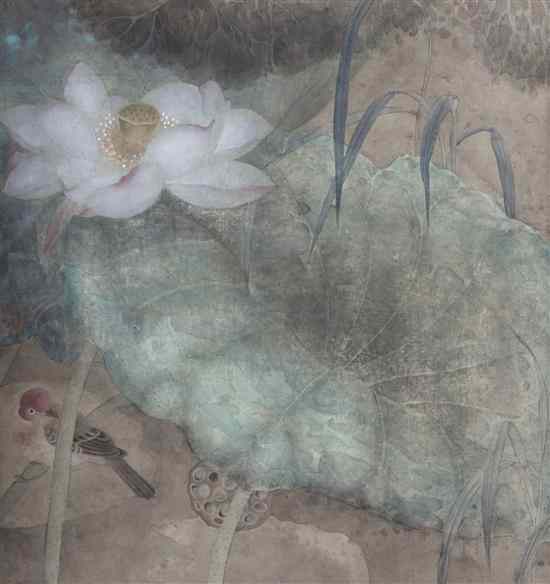 Appraisal: A Chinese Watercolor Painting of Lotus the polychrome painting depicting