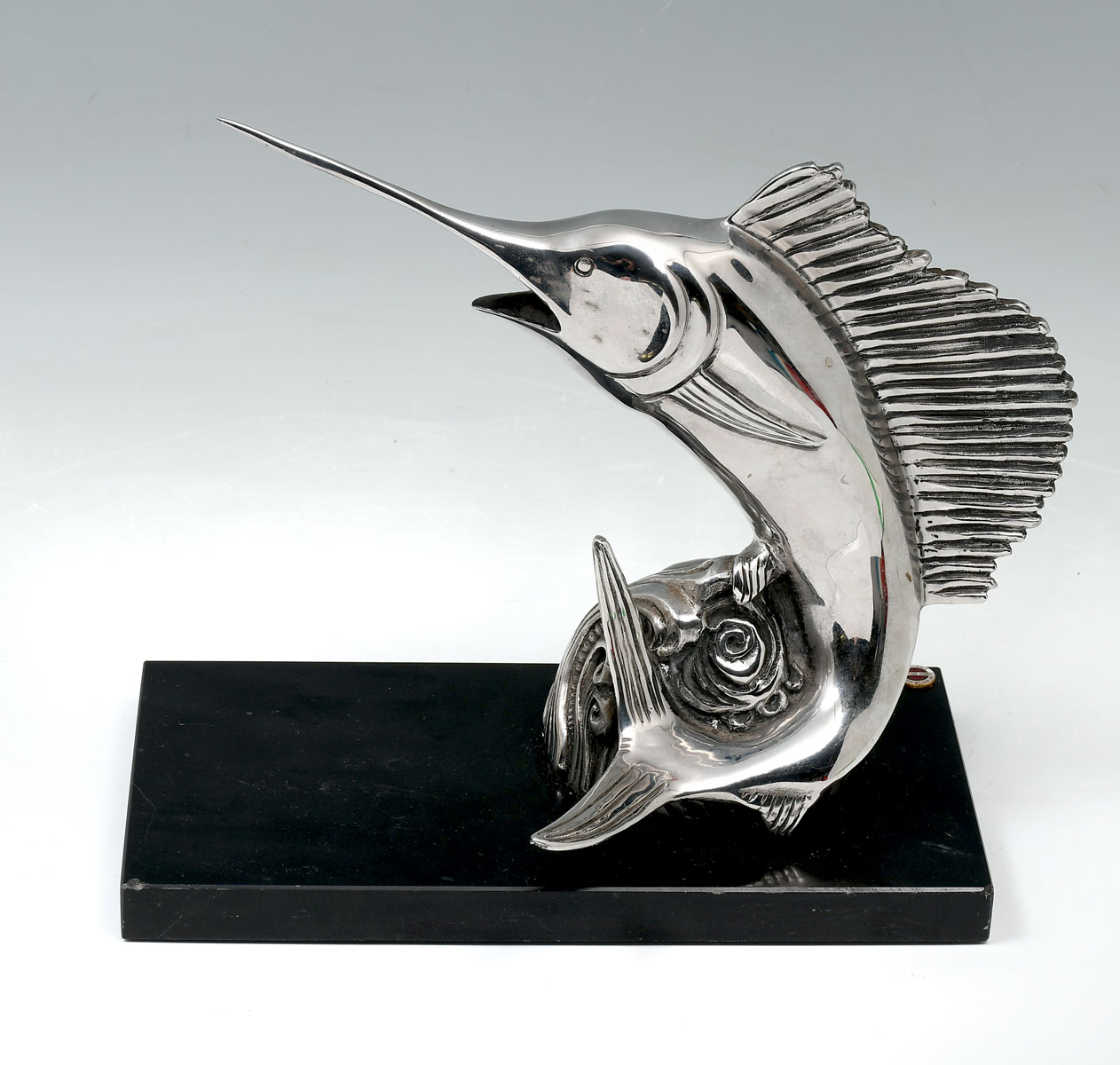 Appraisal: SILVERED METAL SWORDFISH SCULPTURE '' in height affixed to a