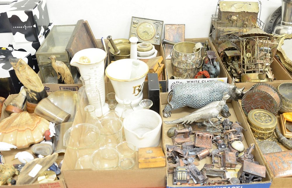 Appraisal: Eight box lots to include tin music boxes mortar and