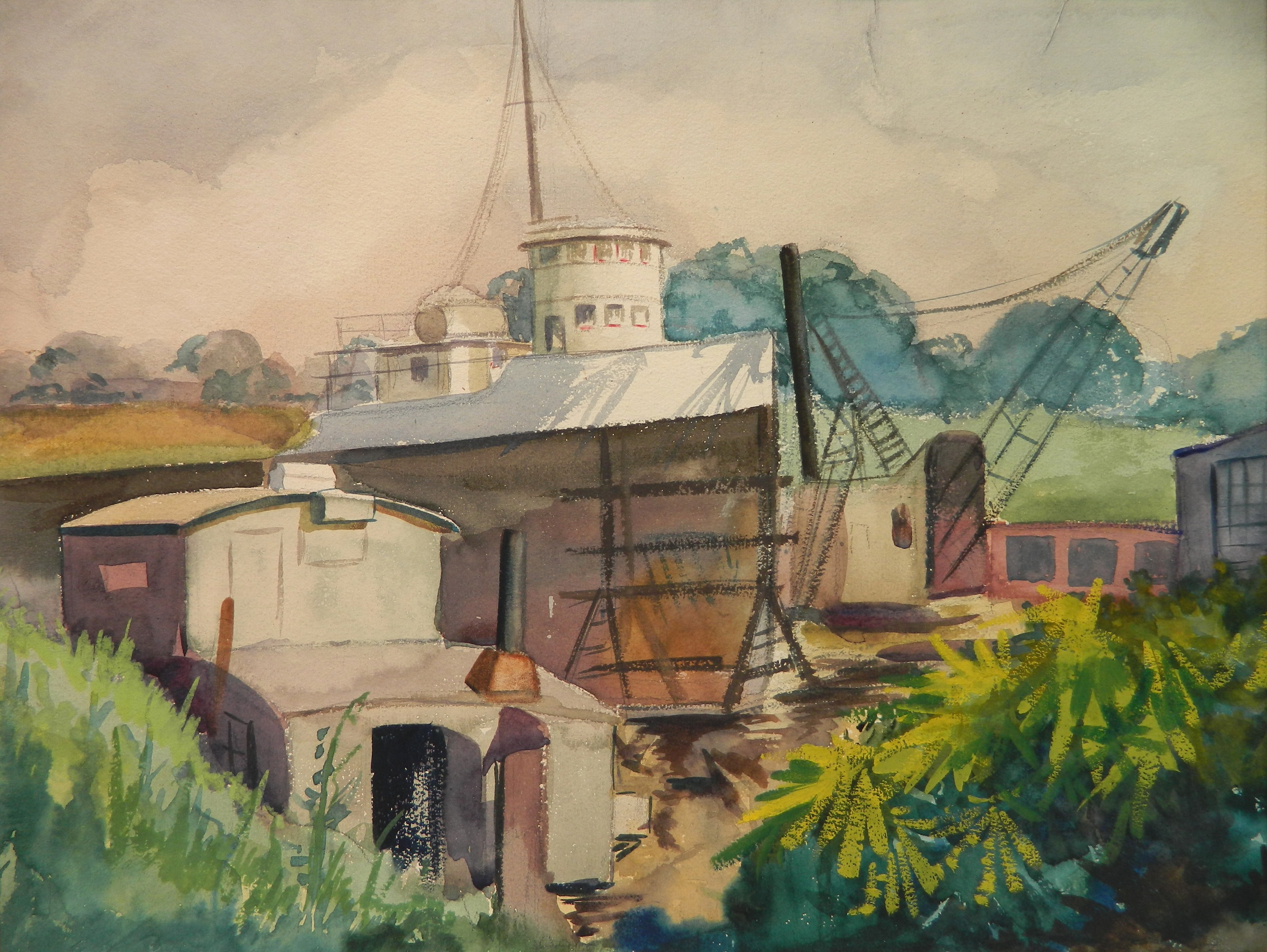 Appraisal: th c American School Boat Drydocked- watercolor on paper x