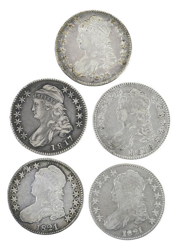 Appraisal: Five Capped Bust Half Dollars Overton- Overton- Overton- Overton- Overton-