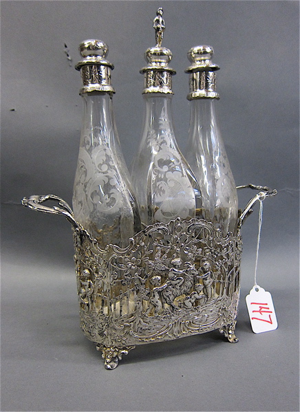 Appraisal: GERMAN FINE SILVER CRUET CADDY WITH BOTTLES the double handled