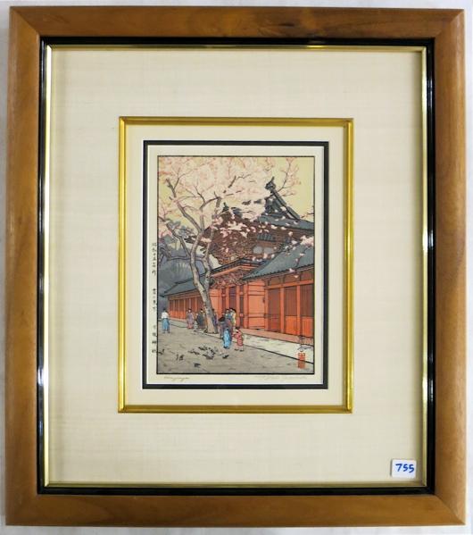 Appraisal: TOSHI YOSHIDA WOODCUT Japan - Hiejinja figures outside a temple