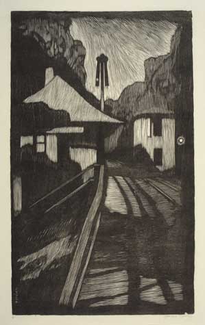 Appraisal: HOWARD COOK Railroad Sleeping Woodcut on thin Japan paper x