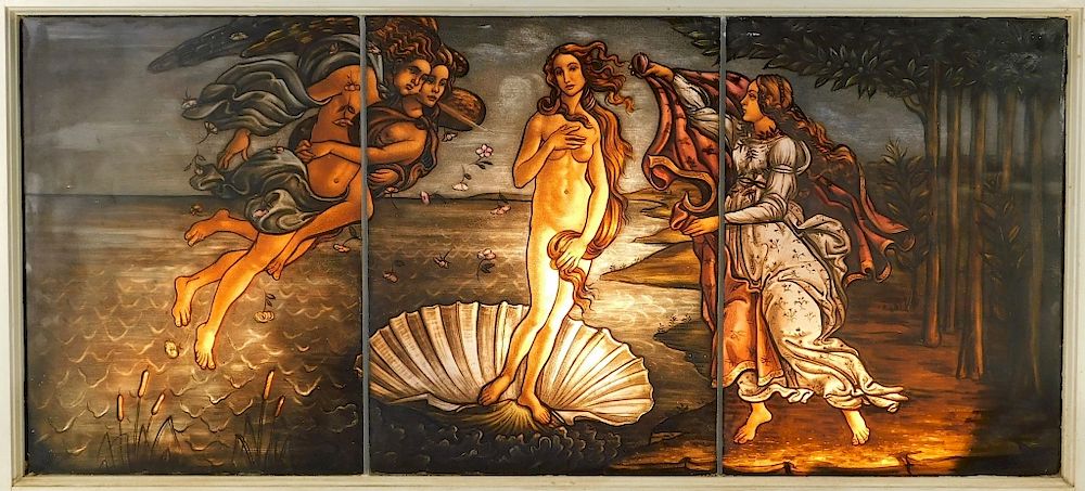 Appraisal: American Painted Glass Birth of Venus Triptych Massachusetts th Century