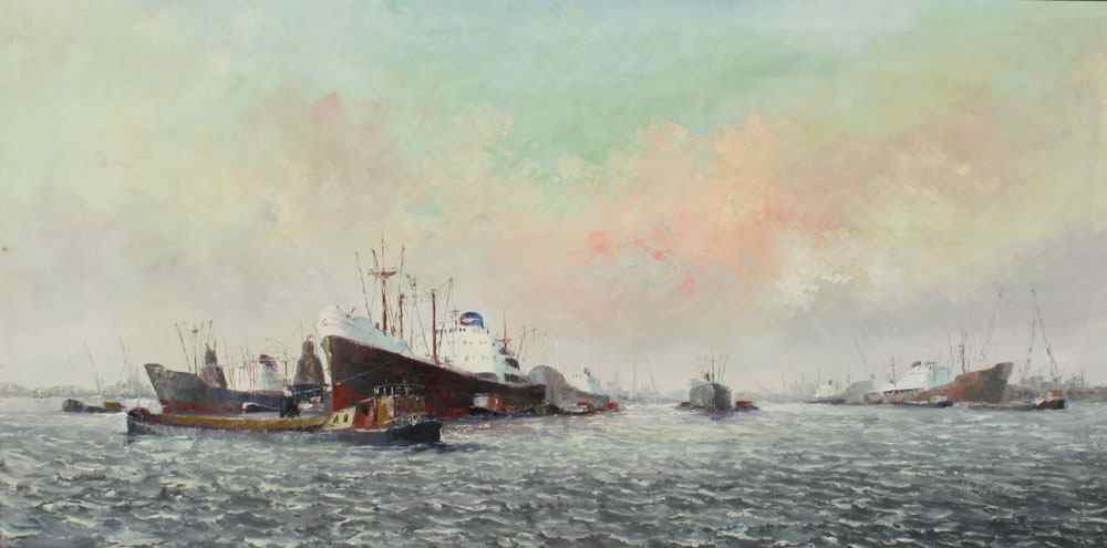 Appraisal: MODERN HARBOR SCENE WITH LARGE SHIPS TUGS AND TANKERS SIGNED