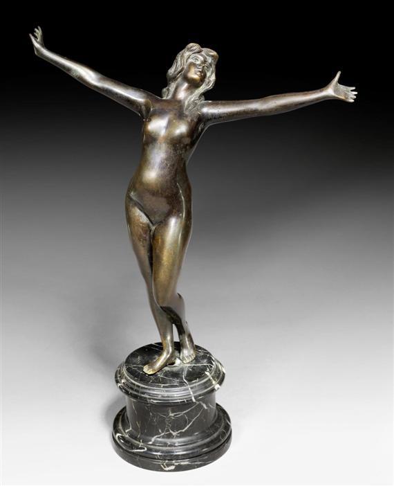 Appraisal: BRONZE FIGURE Art Nouveau France circa On a white-veined black