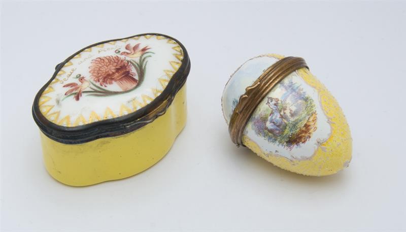 Appraisal: TWO YELLOW-GROUND ENAMEL BOXES One Staffordshire of egg-form with horse