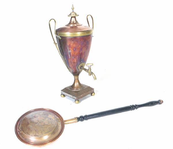 Appraisal: A copper warming pan with turned wood handle together with