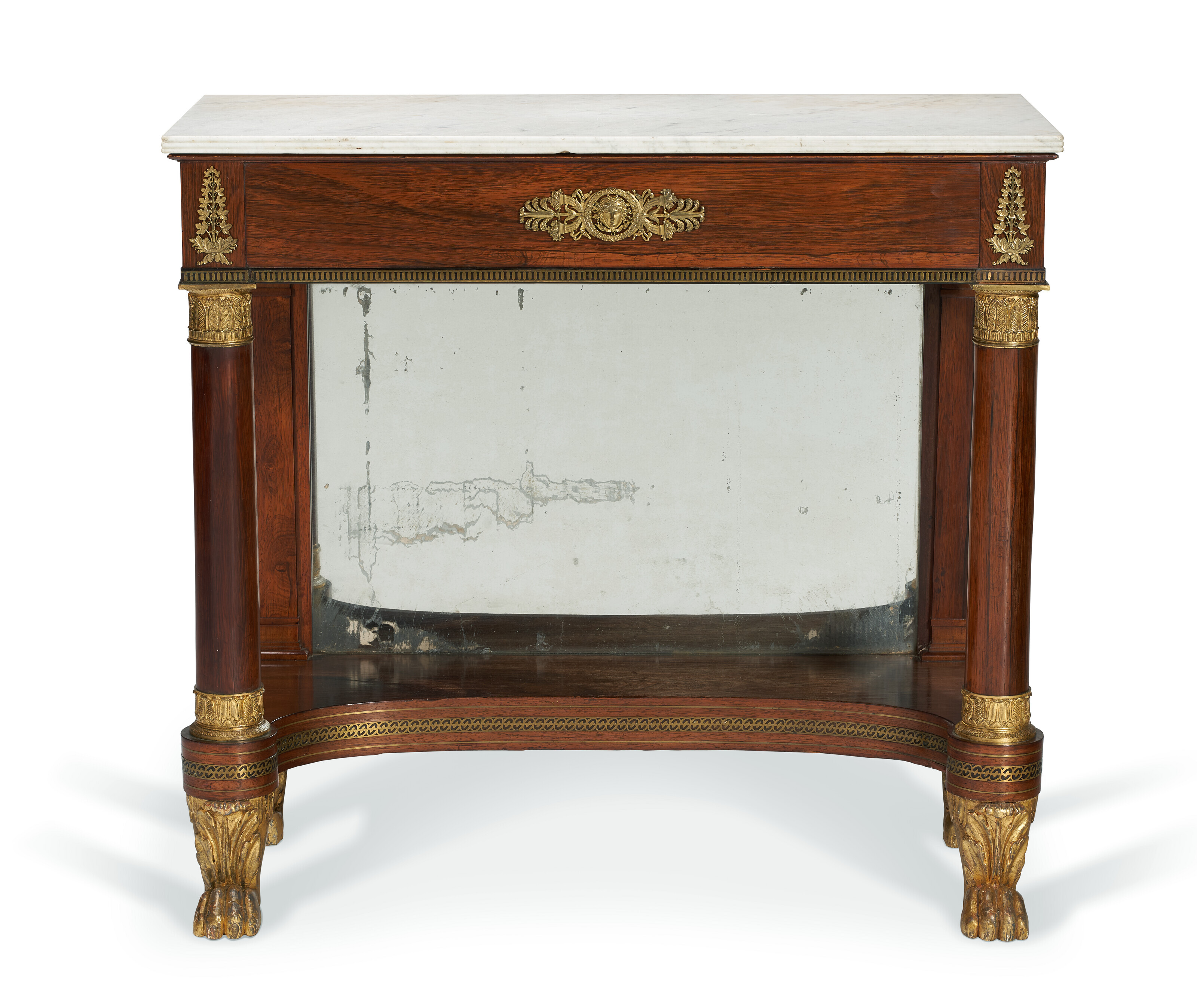 Appraisal: A CLASSICAL BRASS-MOUNTED AND ROSEWOOD-VENEERED MARBLE-TOP PIER TABLE ATTRIBUTED TO