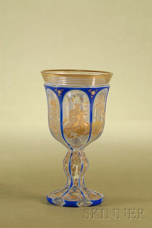 Appraisal: Bohemian Cobalt Blue Overlay and Part-gilded Colorless Glass Goblet early