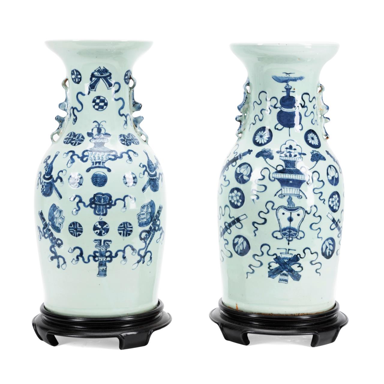 Appraisal: PR CHINESE BLUE WHITE ON CELADON VASES W STANDS Pair