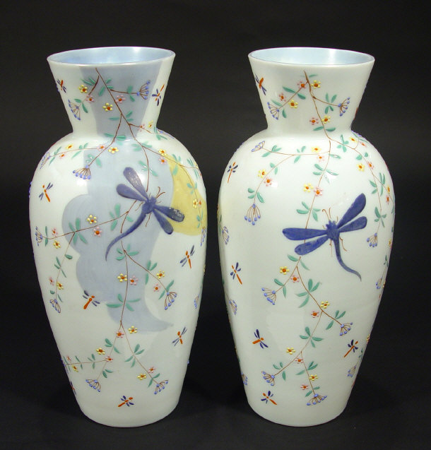 Appraisal: Pair of Victorian white glass vases enamelled with insects and