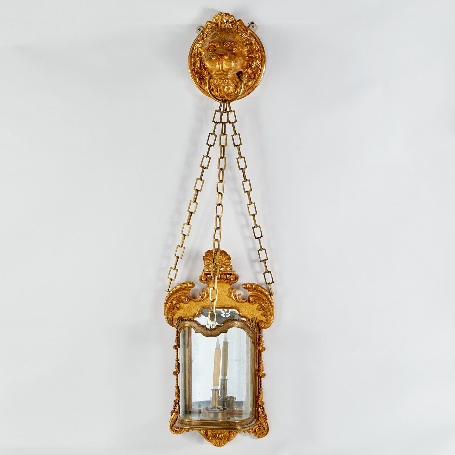 Appraisal: MONUMENTAL GEORGE II STYLE GILTWOOD LION SCONCE th c and