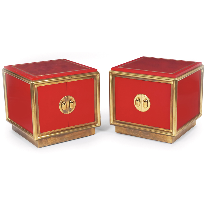 Appraisal: Mastercraft cube tables pair USA red lacquer and brass with