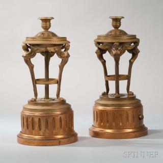 Appraisal: Pair of Continental Gilt-bronze Empire Candlesticks early th century each