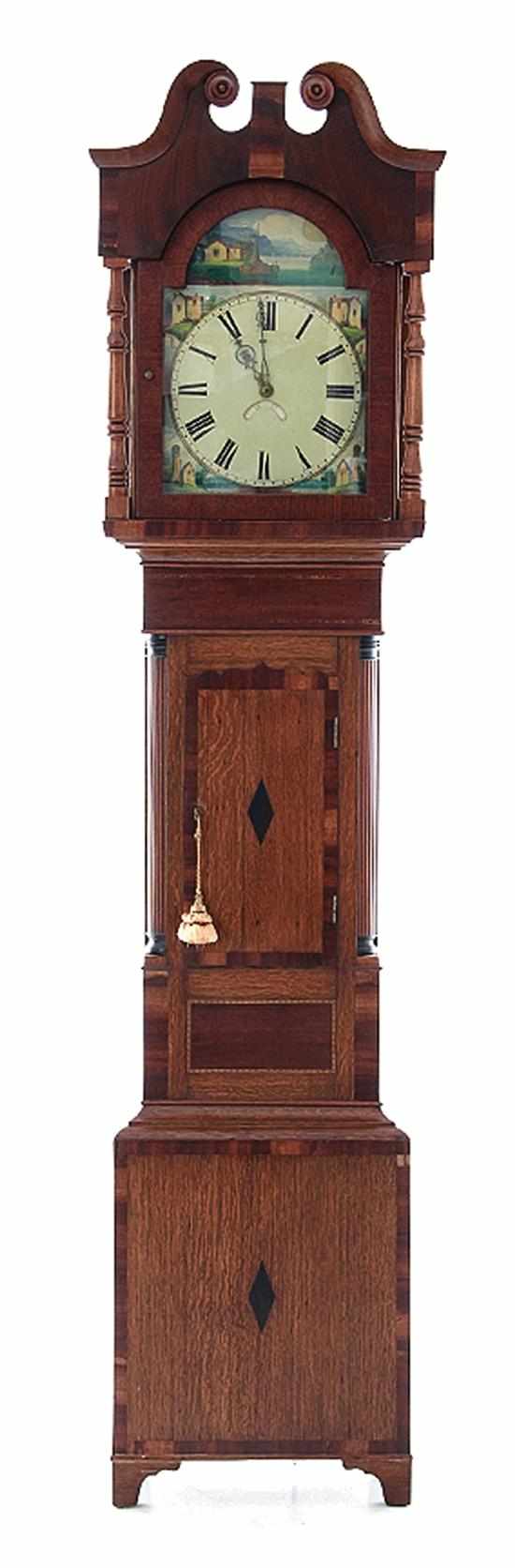 Appraisal: Georgian style inlaid mixed-wood tallcase clock broken-arch top on astragal-shaped