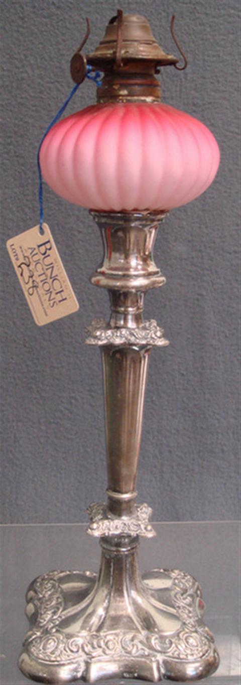 Appraisal: Ribbed satin peachblow peg lamp on plated silver candlestick base