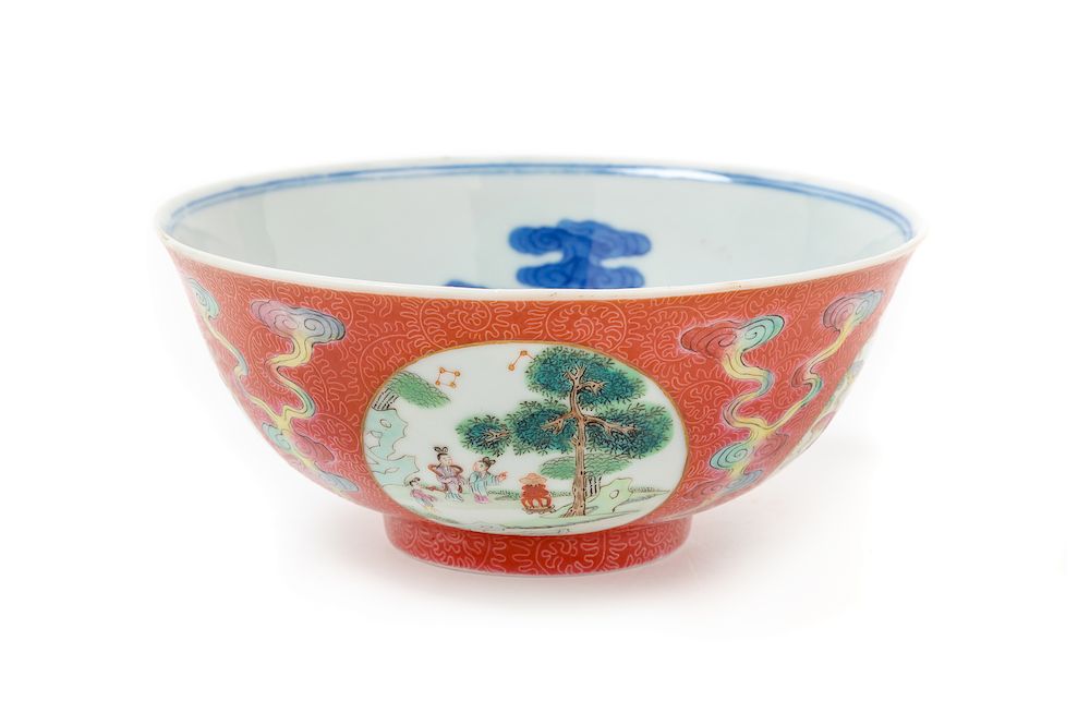 Appraisal: A Ruby-Ground Famille Rose Sgraffiato Porcelain Bowl Diam in cm