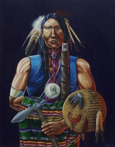 Appraisal: Framed acrylic painting on board Native American Man with Medal