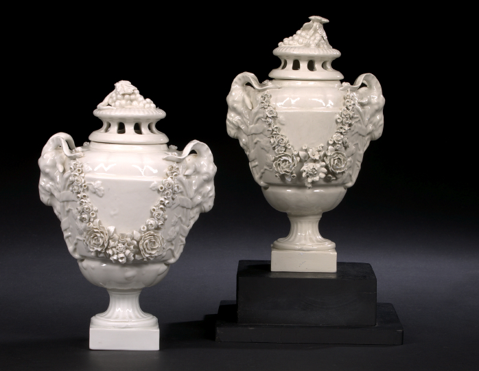 Appraisal: Pair of Italian Reticulated Blanc-de-Chine Porcelain Covered Potpourri Vases first