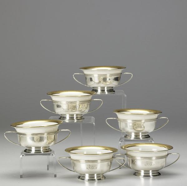 Appraisal: GORHAM SILVER Six two-handled consomme cups in silver with porcelain