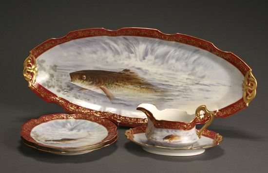 Appraisal: Limoges Porcelain Fifteen-Piece Fish Service E Coiffe Jeune - Consisting