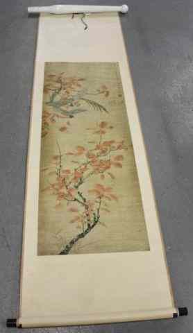 Appraisal: Chinese Scroll Painting of Parrots with MicaBackground From a Fullerton