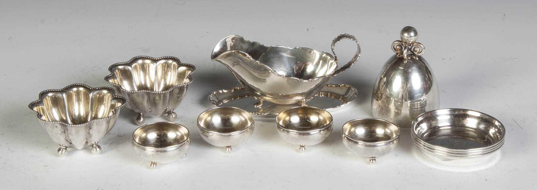 Appraisal: Various Sterling Silver Table Articles Miniature gravy boat bell salts