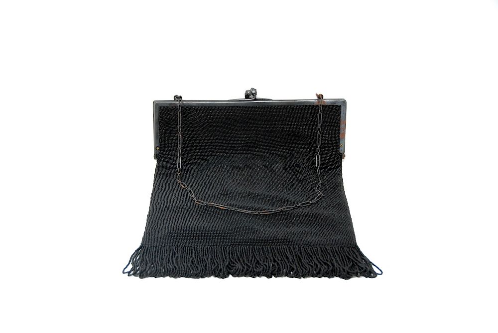 Appraisal: Black Beaded Purse Black Beaded Purse With Bead Fringe At