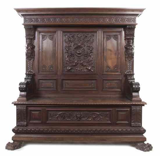 Appraisal: A Renaissance Revival Carved Walnut Hall Bench the stepped cornice