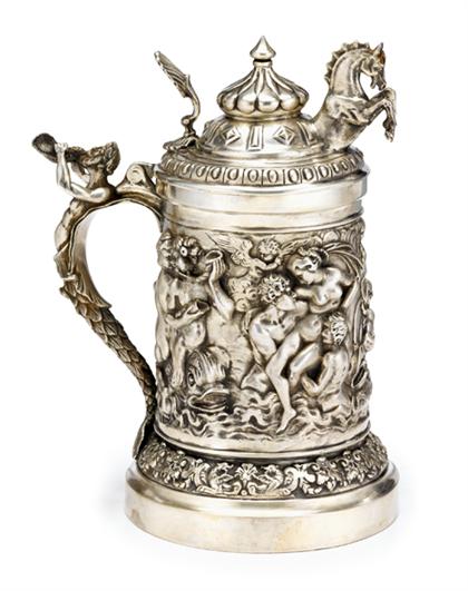 Appraisal: Russian silver repousse tankard The cover with an onion finial