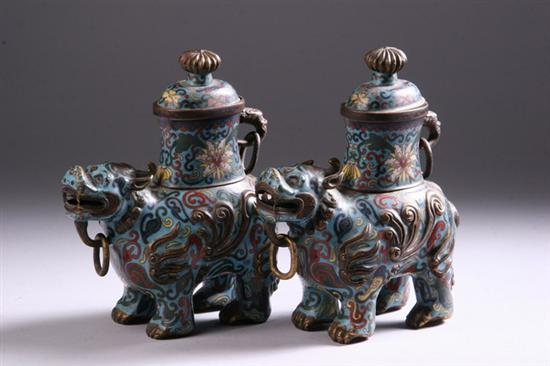 Appraisal: PAIR OF CHINESE CLOISONN WATER BUFFALO-FORM CENSERS Each with lidded