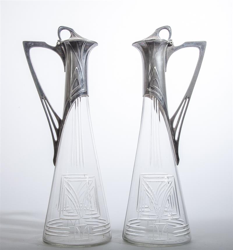 Appraisal: Pair of Continental Art Nouveau Pewter-Mounted and Engraved Glass Claret