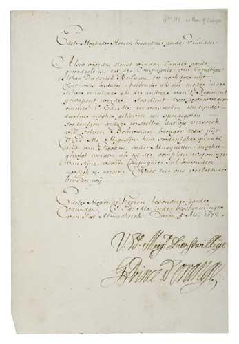 Appraisal: WILLIAM III KING OF ENGLAND Letter Signed G Prince d'Orange